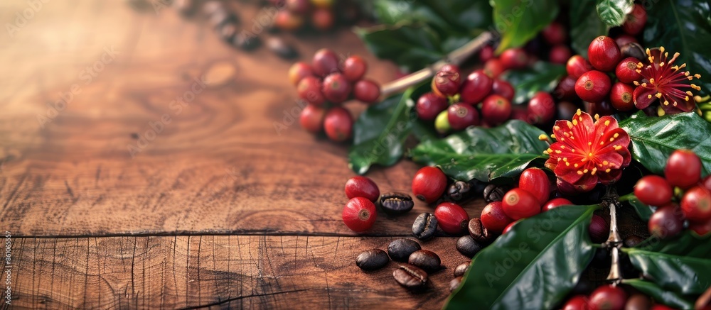 Poster coffee beans with real coffee fruits, flowers and leaves on wooden table close up. red coffee beans 