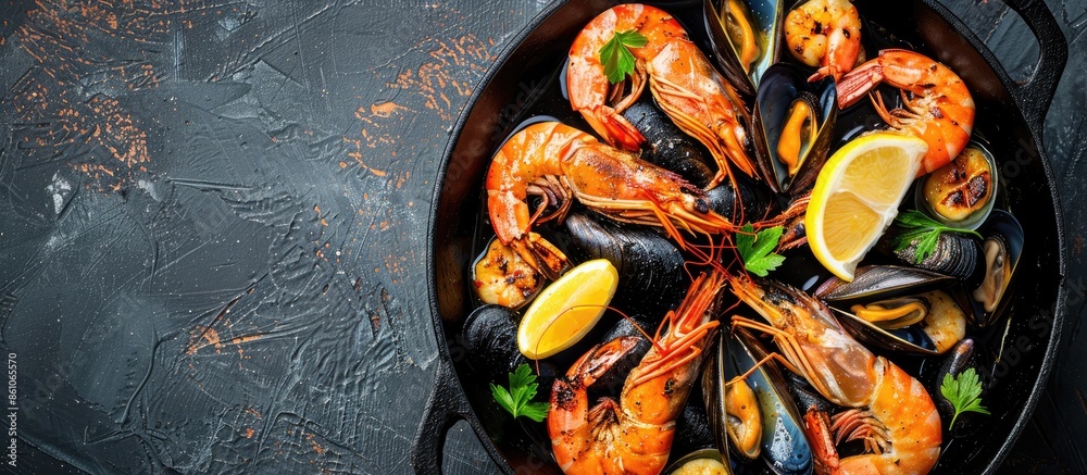 Poster mixed grilled seafood. various roasted shrimps, mussels and shellfish in frying pan. top view flat l