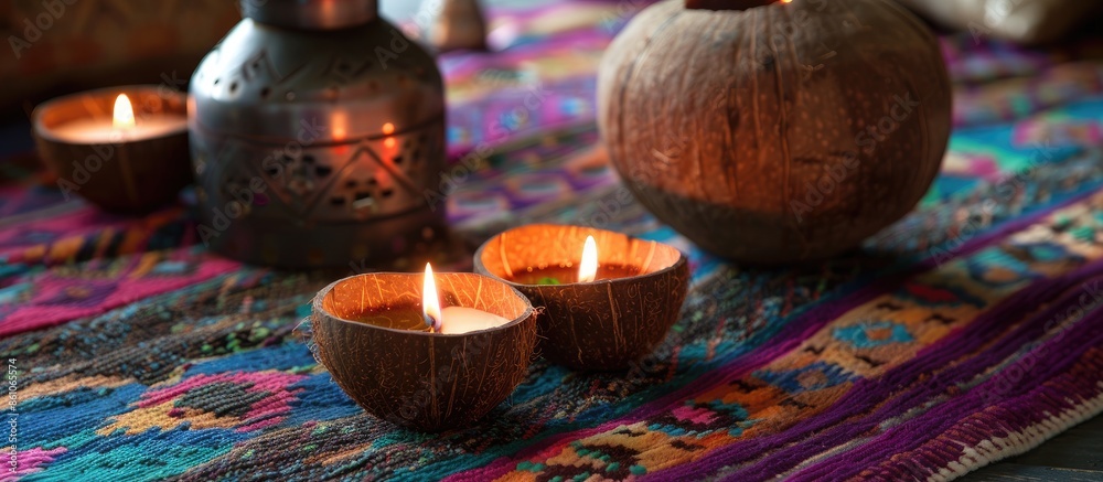 Poster cozy home interior decor, burning candles in coconut shell on a multi-colored rug with metal vase ba