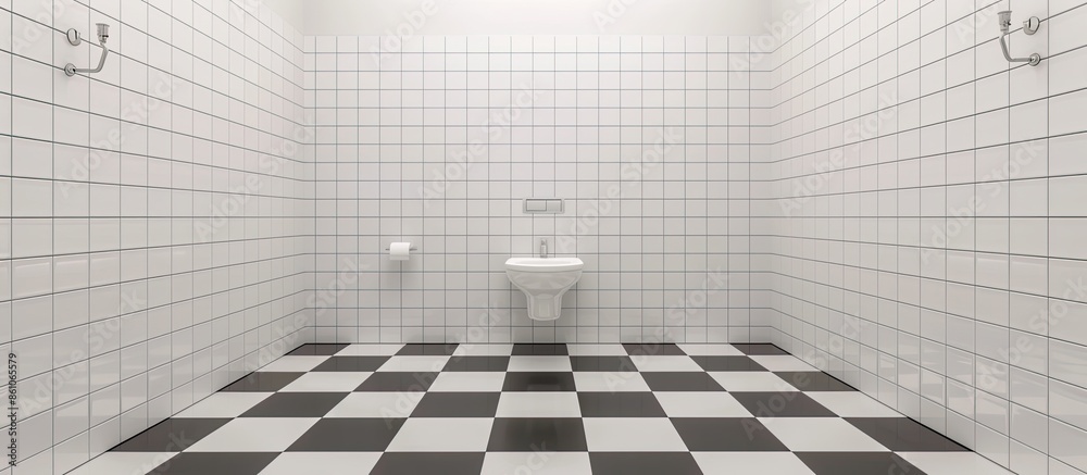 Poster interior of narrow restroom with sink and wall hung toilet with white walls and checkered floor. wit