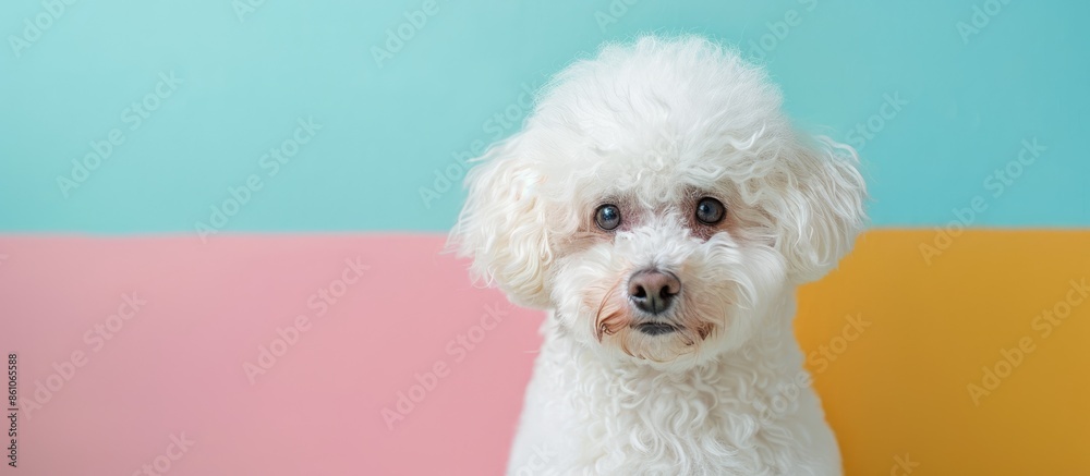 Poster closeup portrait of a white bichon frise in front of a pastel background. with copy space image. pla