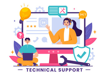 Vector Illustration of a Technical Support System featuring Software Development, Customer Service and Technology Help in a Flat Cartoon Background