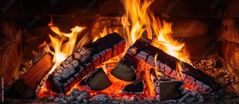 Poster Flames burning a bonfire with coals, fireplace, close-up. with copy space image. Place for adding text or design