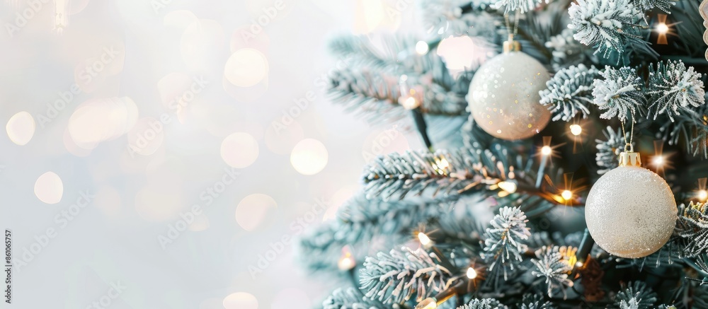 Poster christmas tree with decor in pastel white interior background. with copy space image. place for addi