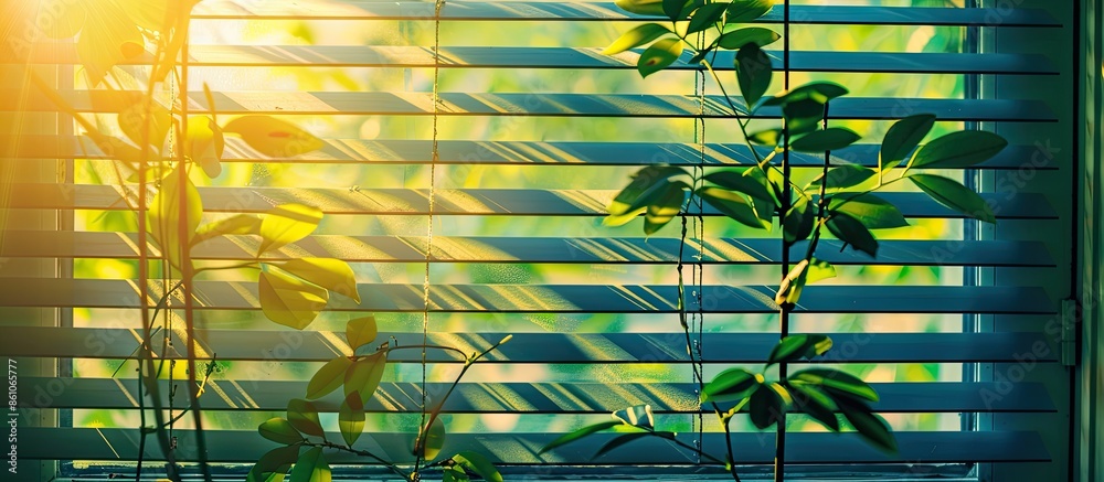 Fototapete blinds on the window. sunlight and shade of leaves on the curtains. with copy space image. Place for adding text or design