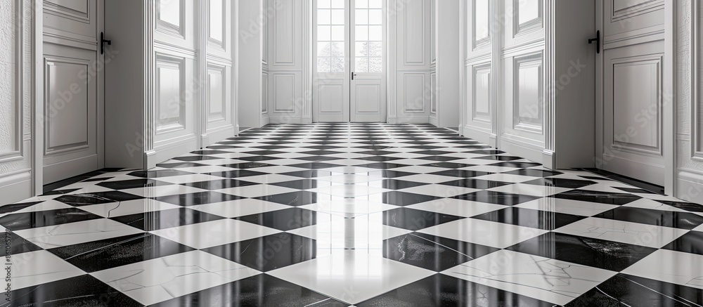 Poster white and black tile flooring in the interior of the house. with copy space image. place for adding 