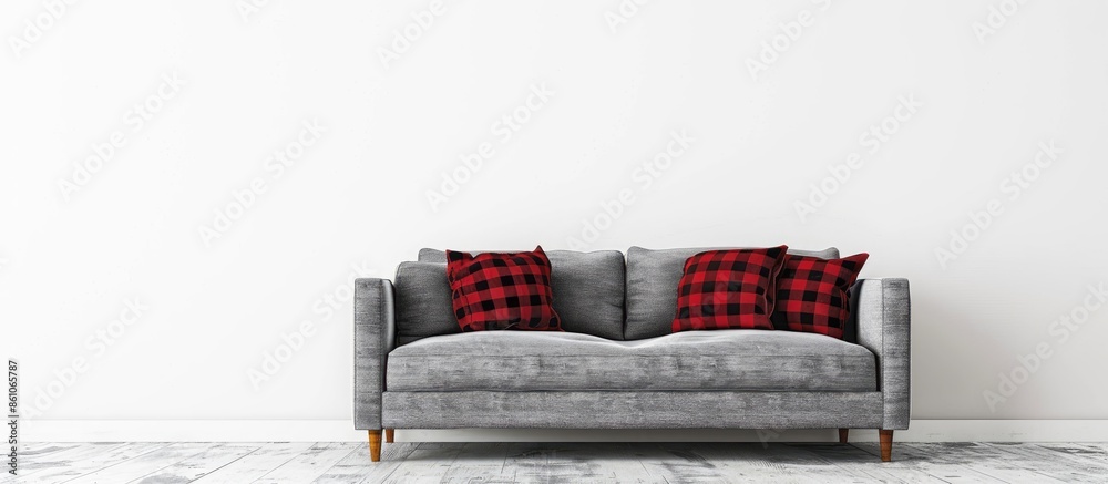 Poster warm red plaid on a gray sofa, a white wall background. with copy space image. place for adding text