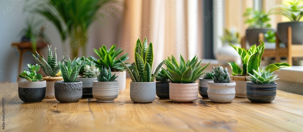 Poster Various plants in different pots on table. Haworthia in a ceramic pot. Concept of indoor garden home. - Image. with copy space image. Place for adding text or design
