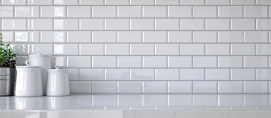 White kitchen with subway tiles. with copy space image. Place for adding text or design