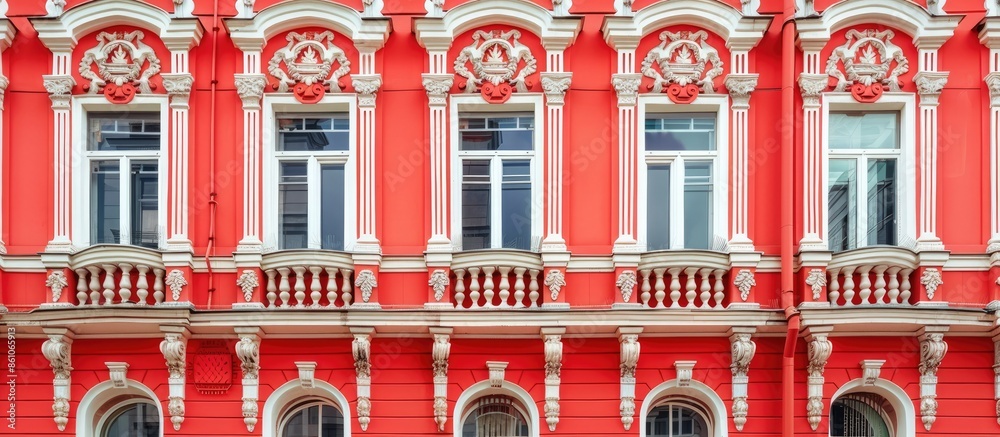 Aufkleber fragment of the facade of a red multi-storey building with windows, balcony and decorative elements. with copy space image. Place for adding text or design