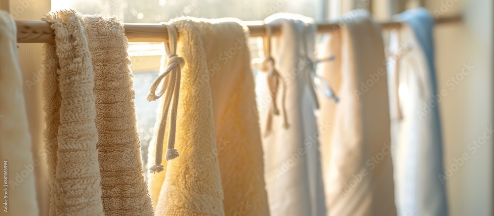 Poster towels on the drying rack. Towel drying Background. with copy space image. Place for adding text or design