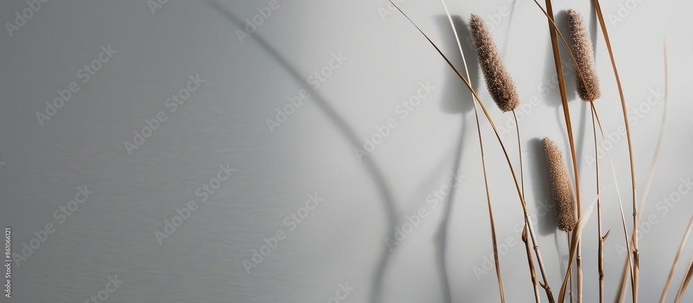 Aufkleber one cattail on a uniform gray background. shot with one light source. the photo reflects minimalism and natural colors for the home. with copy space image. Place for adding text or design