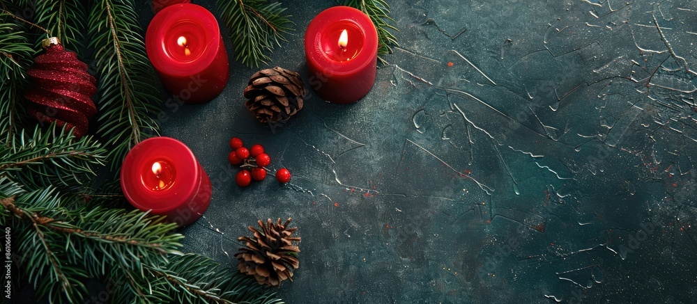 Poster Christmas tree branches, red candles. Christmas decorations on table. with copy space image. Place for adding text or design
