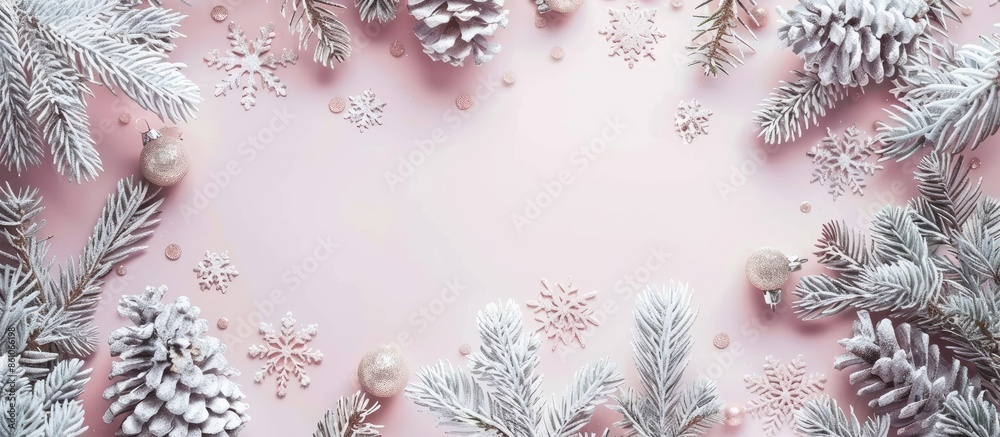 Poster christmas frame in cold tones for greeting card pastel background. with copy space image. place for 