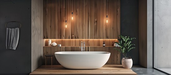 Small bathroom with big bathtub and wooden details. with copy space image. Place for adding text or design
