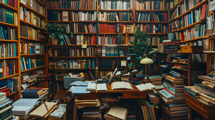 Obraz premium cluttered academic study room with bookshelves open textbooks and a desk filled with reading materials. Concept Indoor Photoshoot, Academic Setting, Cluttered Study Room, Books