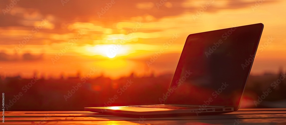 Poster AFFILIATE PROGRAM Computing Computer Laptop with screen on table Silhouette and filter sun. with copy space image. Place for adding text or design