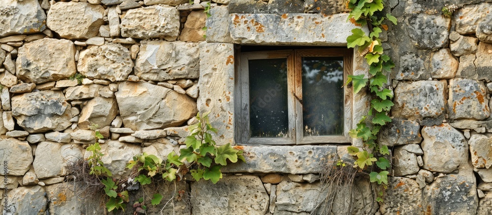 Poster Window in the old stone wall. with copy space image. Place for adding text or design