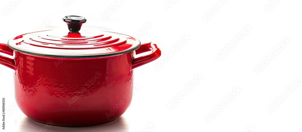 Poster Red cooking pot isolated on white background. Copy space image. Place for adding text or design