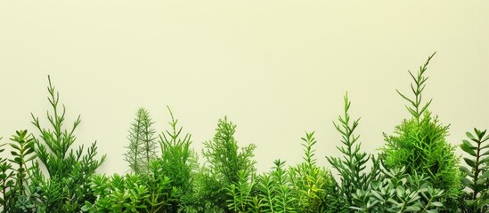 Fototapeta premium Seedlings cypress and thuja plants Isolated on pastel background. Free space for text. with copy space image. Place for adding text or design