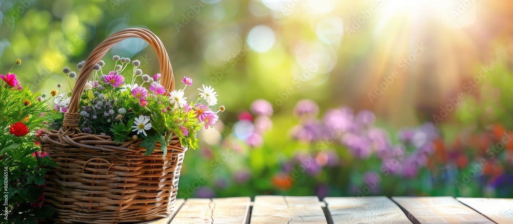 Aufkleber wooden basket on desk and spring garden. with copy space image. place for adding text or design