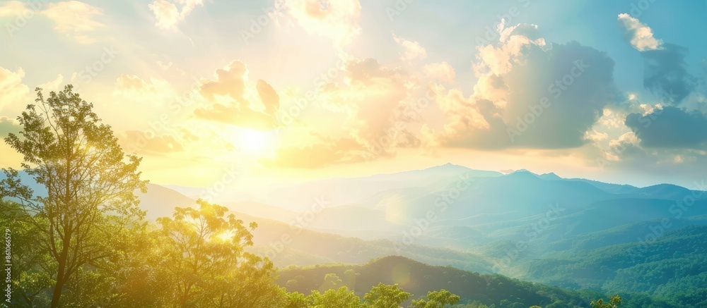 Poster world environment day concept: sun light and mountain sky of heaven autumn morning background. with 