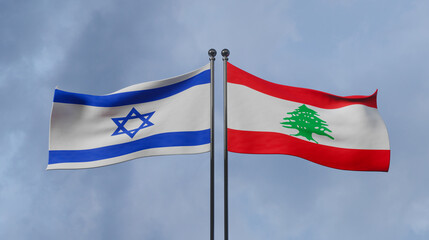Israel and Lebanon flags, Blue sky and flag Israel vs flag Lebanon, Israel Lebanon flags, 3D work and 3D image