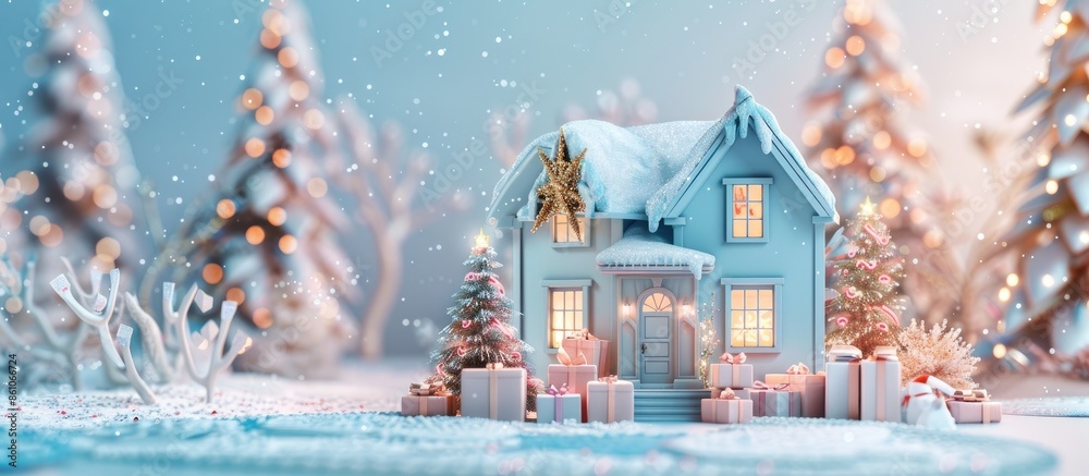 Poster beautifully decorated house with a silver, pink and blue tree and presents at christmas. with copy s
