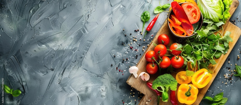 Aufkleber Fresh vegetables with pot and cutting board on kitchen table. with copy space image. Place for adding text or design