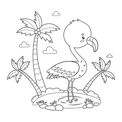 Cute flamingo with tropical palm trees. Outline cartoon kawaii bird character. Line drawing, coloring book. Vector illustration. Kids collection