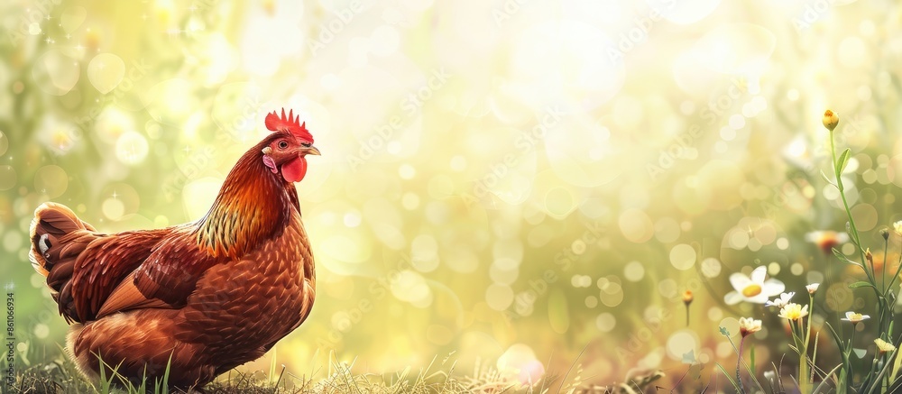 Poster brown hen sitting down in a warm day in the backyard pastel background. with copy space image. Place for adding text or design
