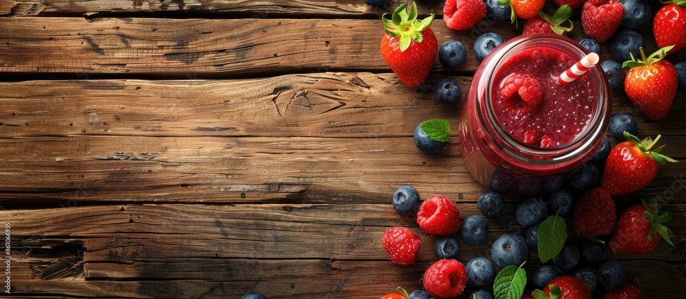 Fototapete berry smoothie on rustic wooden background. copy space image. place for adding text or design