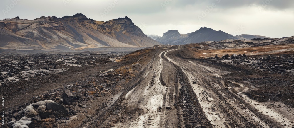 Aufkleber rough empty dirt road in icelandic volcanic inland is accesible just by 4x4 vehicles. copy space ima