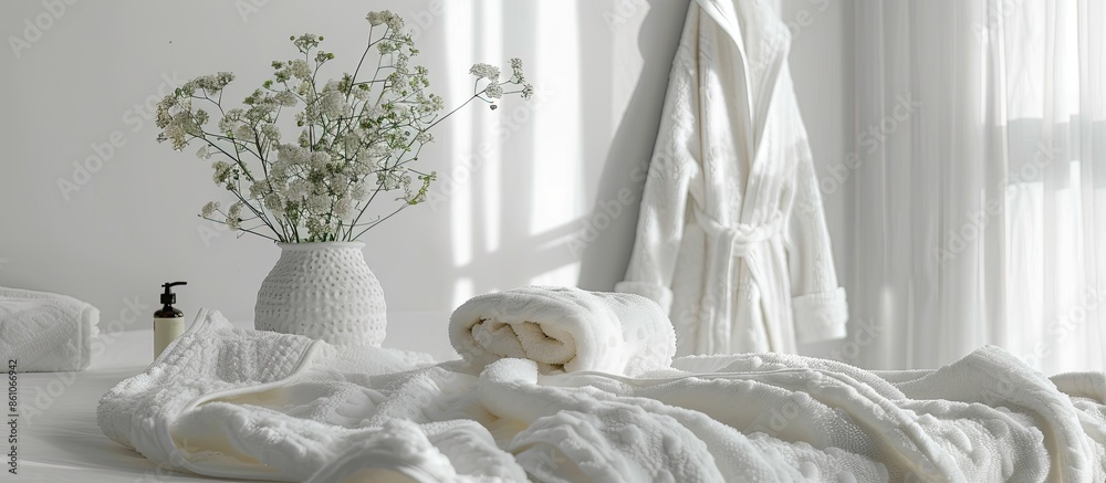 Aufkleber white bathrobe on the bed. with copy space image. place for adding text or design
