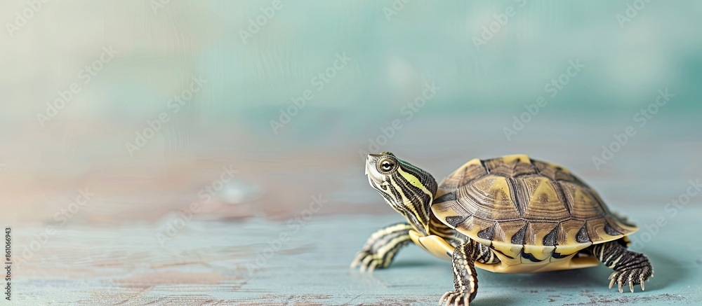 Poster isolated turtle pastel background Turtle  Young  Pet. with copy space image. Place for adding text or design