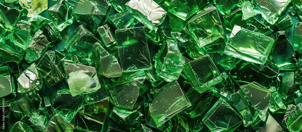 Poster Top view background many recycle pieces of broken glass in green. with copy space image. Place for adding text or design
