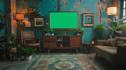 Cozy Living Room Setup with Vintage TV and Green Screen - Perfect for Entertaining. Concept Cozy Interiors, Vintage Decor, Green Screen, Entertainment, Living Room Setup