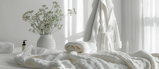 white bathrobe on the bed. with copy space image. Place for adding text or design