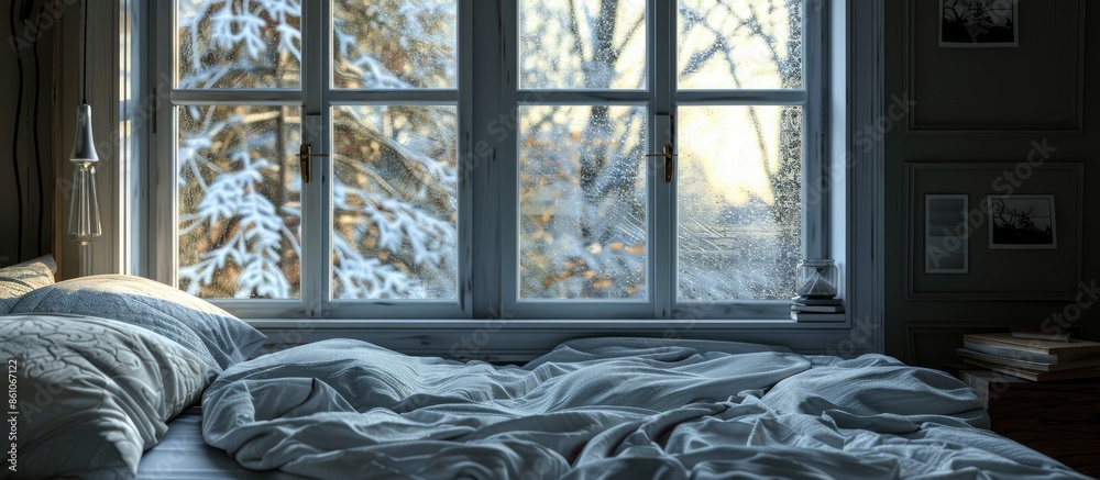 Poster Bedroom with window. Nobody inside. with copy space image. Place for adding text or design