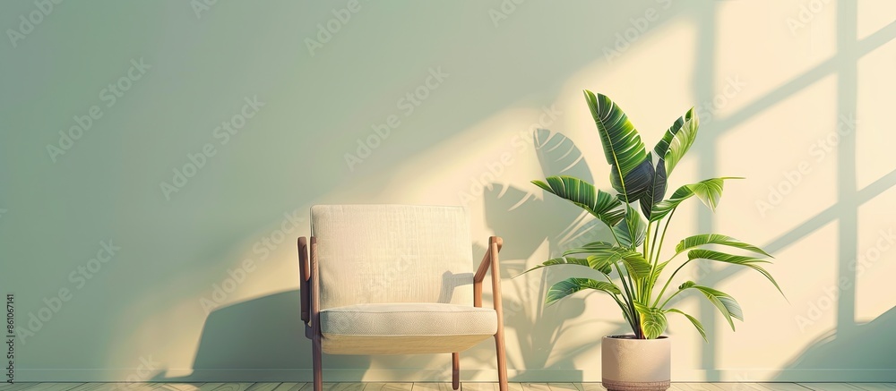 Poster Armchair and potted plant in a room with mint lampshade. Copy space image. Place for adding text or design
