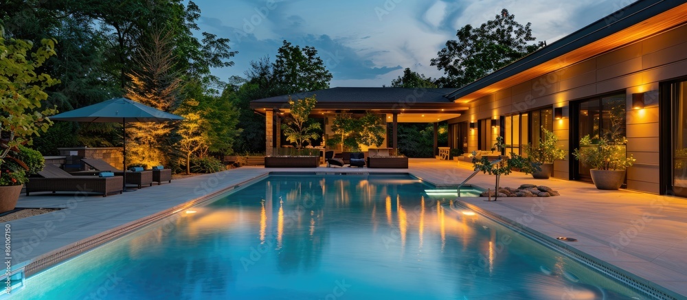 Aufkleber a luxury back patio with a pool in the evening. Copy space image. Place for adding text or design