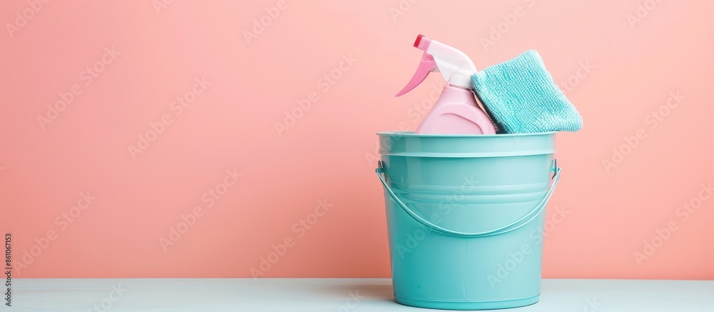 Poster Plastic bucket with cleaning supplies isolated on pastel background. with copy space image. Place for adding text or design
