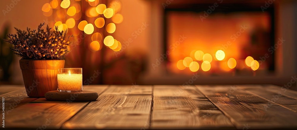 Poster Table background of free space and blurred background of fireplace in home interior.Copy space for your decoration and warm orange light.Valentine's Day background.