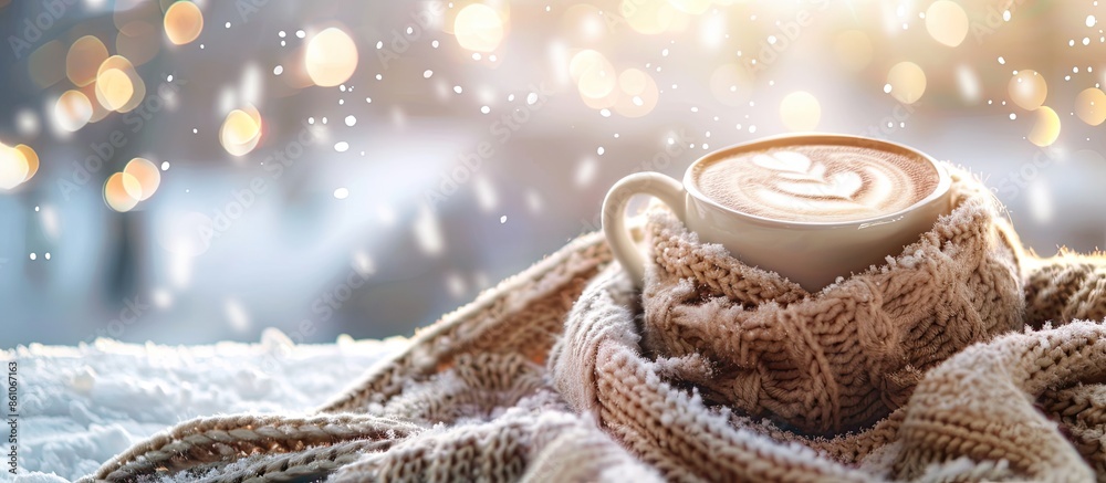 Poster hot coffee on the snow with a woolen scarf on a festive evening . with copy space image. place for a