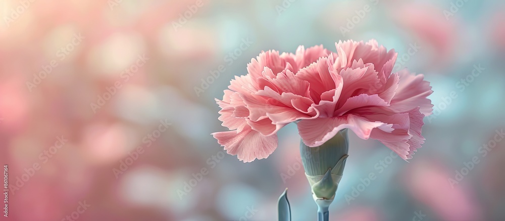 Fototapete a pink carnation flower in a summer garden was captured on camera at close range pastel background. with copy space image. Place for adding text or design