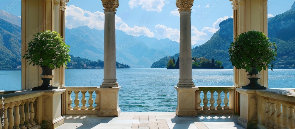 Aufkleber entrance to classical villa looking out over lake towards mountains on summers day. Copy space image. Place for adding text or design