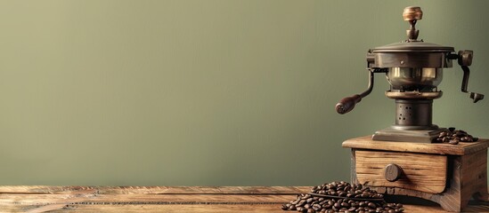 old wood coffee grinder with beans of coffee, antique machine over wood table in detail pastel background. with copy space image. Place for adding text or design