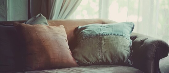 Pillow on sofa decoration interior - Vintage Film Filter. with copy space image. Place for adding text or design