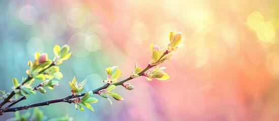 Obraz premium New spring leveas on twig as new life pastel background. with copy space image. Place for adding text or design