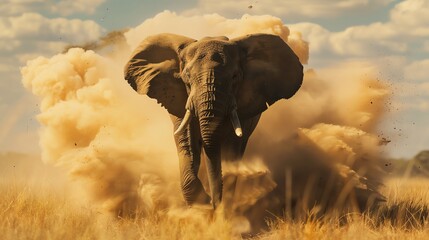 An elephant runs through the savanna, kicking up dust. The elephant is in the center of the image,...